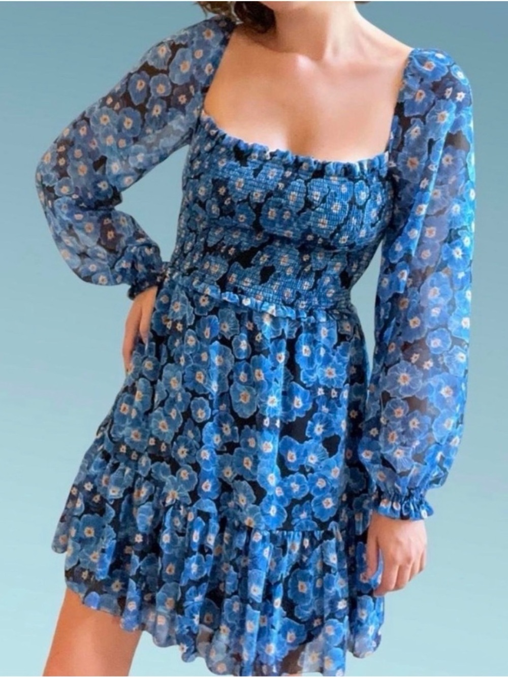 aritzia wilfred ruffle blue floral dress